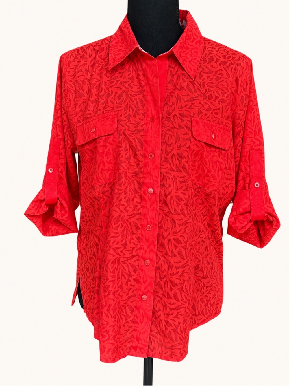 Coldwater Creek Red Scroll Print Button Up Roll Tab Shirt Medium
